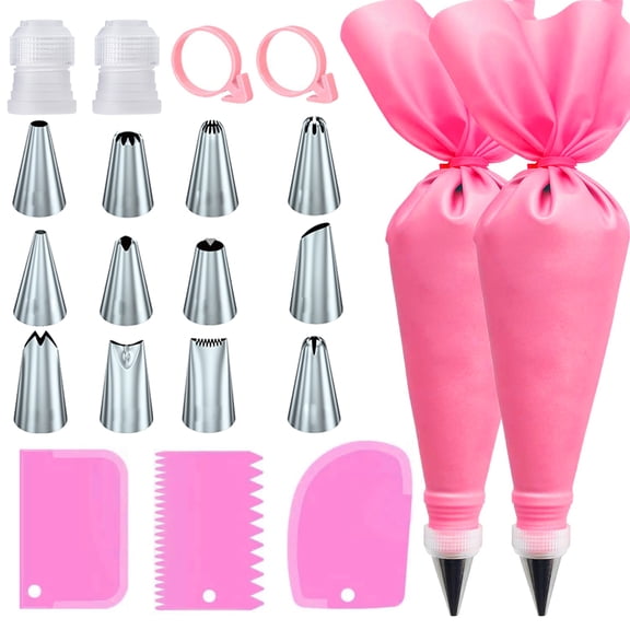 21pcs/set Cake Decorating Tools,Piping Bags and Tips Set;with 2pcs Reusable Icing Pastry Bags,Set Of 3 Scrapers,12 Different Icing Bags Tips, 2 Piping Bags Couplers and 2 Frosting Bags Ties