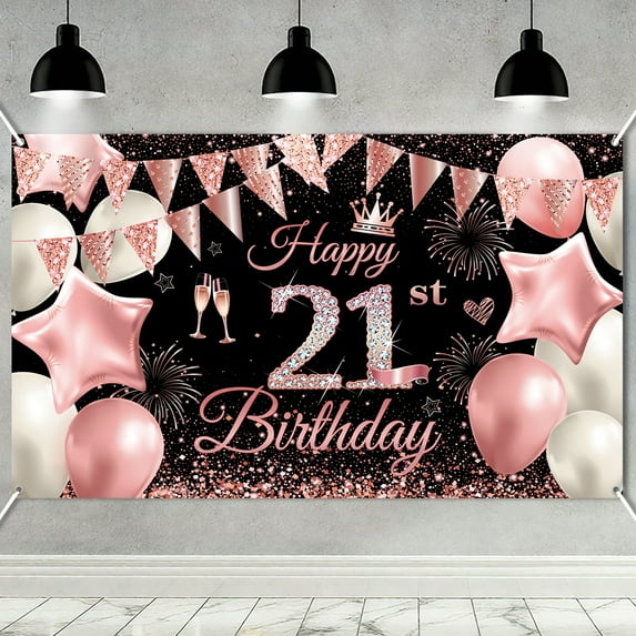 21st Birthday Banner 21st Backdrop for Her Him Happy Birthday Party Decoration 21 Years Old Party Supplies Photography Background Black Pink Design 2