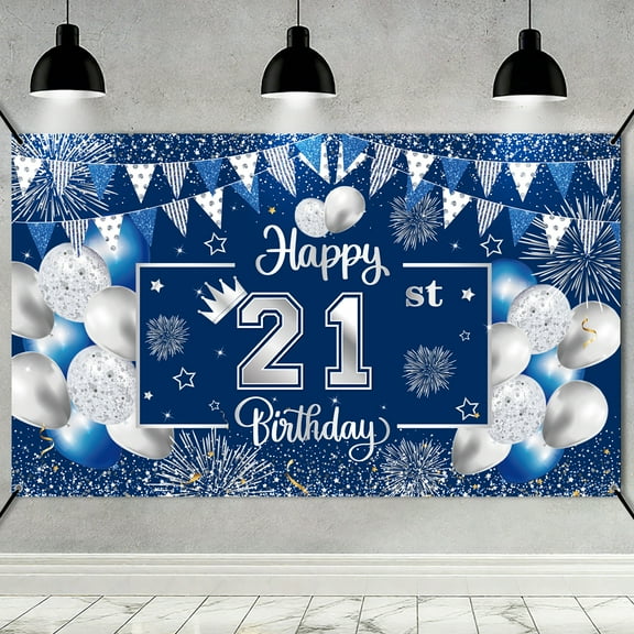 21st Birthday Banner 21st Backdrop for Her Him Happy Birthday Party Decoration 21 Years Old Party Supplies Photography Background Blue White Design 3
