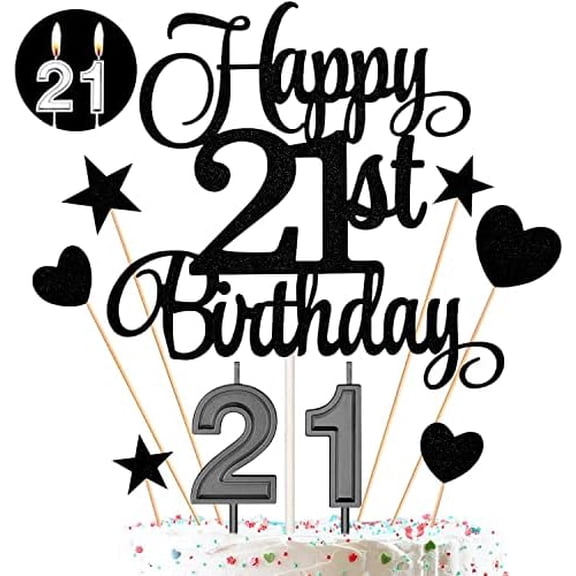 21st Birthday Cake Decorations Set Include Digital Candles 2&1 Numeral 21 Cake Candles and Happy 21st Birthday Cake Toppers with Heart Star Cupcake Picks for Birthday Party Supplies (Black Series)