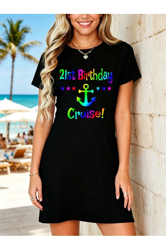 21st Birthday Cruise Vacation - Fun Rainbow Boat Anchor T-Shirt Dress Summer Vacation Dress Casual Resort Wear