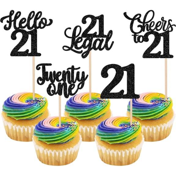 21st Birthday Cupcake Toppers - Black Glitter Hello 21 Cheers to 21 Twenty One & Legal Cupcake Picks for 21st Birthday Party Decorations, Pack of 10