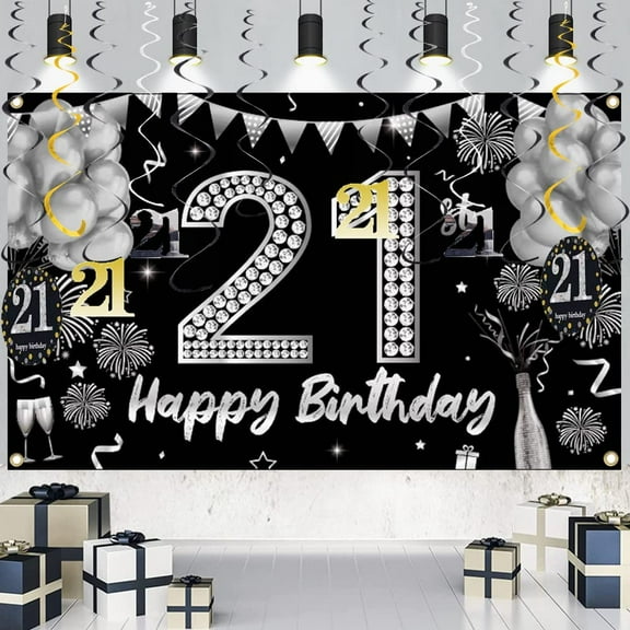 21st Birthday Decoration Boy Girl Decor 21st Birthday Happy Birthday Banner 21st Happy Birthday Banner for Boy Girl Black 21st Birthday Background Banner Party Decoration