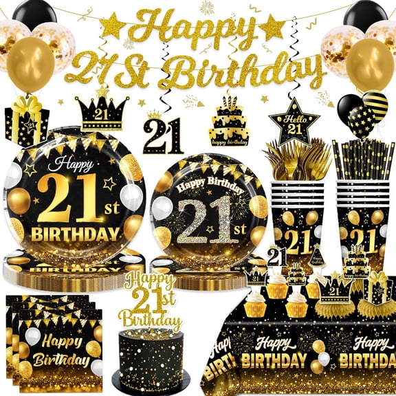 21st Birthday Decorations, 350 gsm Thick Paper Plates Paper Straws Disposable Happy 21st Plates and Napkins 21 Years Old Bday Decorations 21st Birthday Decorations for Him Black&Gold Y114