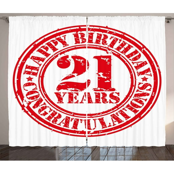 Ambesonne 21st Birthday Curtains 2 Panel Set, Happy Birthday Art, 108" x 84", White Red