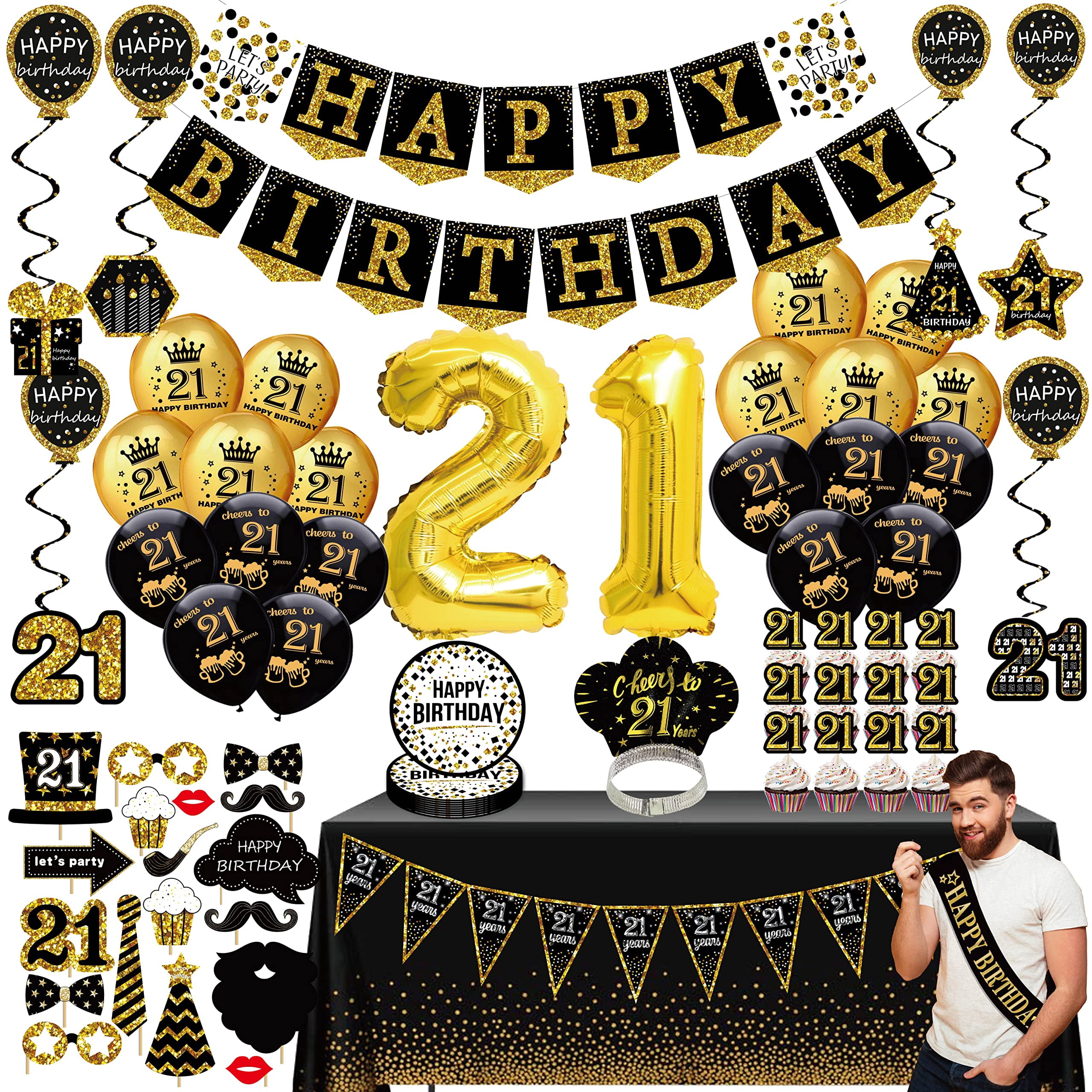 21st Birthday Decorations FEV6 for Him - Black Gold Party Pack (76pc