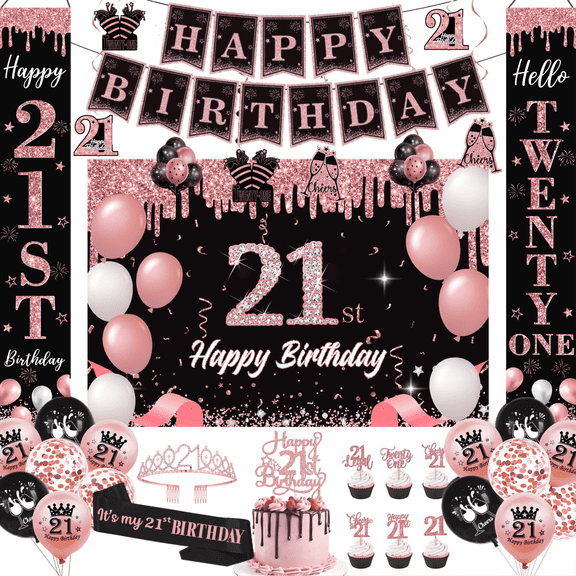 21st Birthday Decorations for Girl, Rose Gold and Black 45-Piece Party Kit with Birthday Queen Crown, Sash, Photo Backdrop, Porch Sign, Balloons & Hanging Swirls
