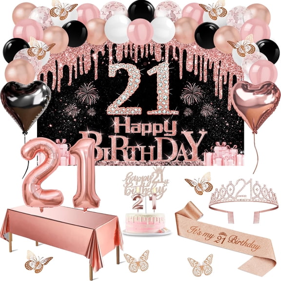 21st Birthday Decorations for Her, 49pcs Black Rose Gold Black Banner, Tablecloth, Butterfly Decor, 21st Birthday Sash and Tiara, Cake Topper, Candles, Balloons Arch A101