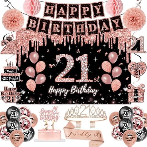21st Birthday Decorations for Her,52Pcs PRE-STRUNG Rose Gold Black Party Set-21 Years Old Crown and Sash,Banner,Hanging Swirl,Backdrop Decor,CakeTopper,Age Candle, Balloons, Pom Poms,PRE-ASSEMBLED