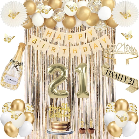 21st Birthday Decorations for Her, Champagne Gold Happy 21st Birthday Decorations for Girls, 21 Sash and Crown, Banner, Fringe Curtains, Hanging Paper Fans, 21 Year Old Party Supplies Set A101
