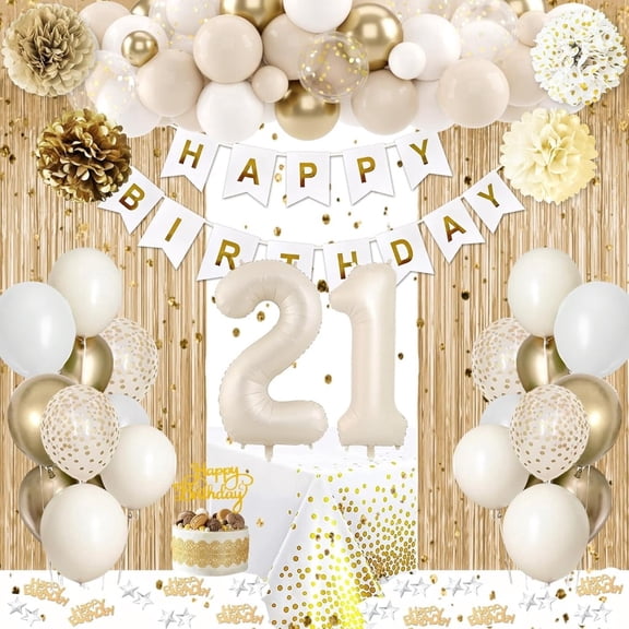 21st Birthday Decorations for Her, Happy 21st Bday Decorations White and Gold Balloons Happy Birthday Banner Tablecloth Fringe Curtain Cake Topper Paper Pom Poms Men Women 21 Bday Party Decor