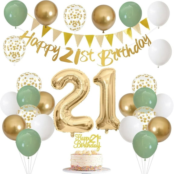 21st Birthday Decorations for Him Her, Happy Banner With Cake Topper Number 21 Foil Balloon, Sage Green White Gold Balloons for Men Women 21 Year Old Party Decoration