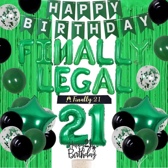 21st Birthday Decorations for Her Him, Green 21 Birthday Party Supplies for Boys Girls, Happy Birthday Banner, Cake Topper, Green Fringe Curtain, Champagne Balloon, Birthday Decors for Women Men
