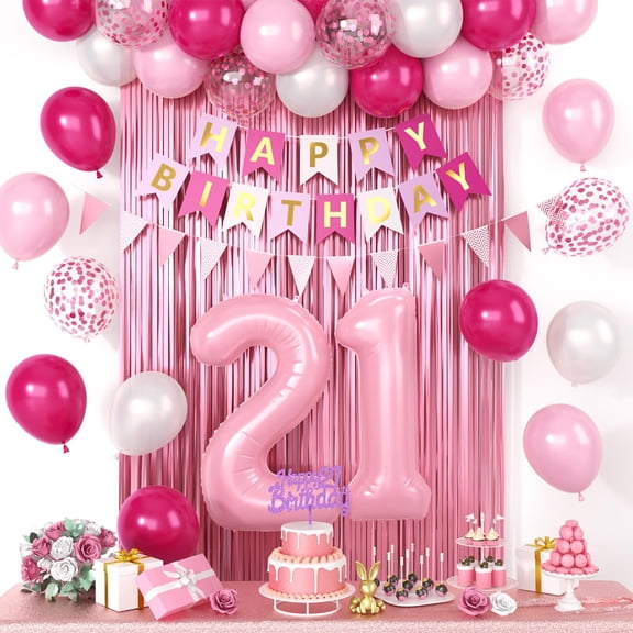21st Birthday Decorations For Her, Pink Happy Birthday Decorations With Pink Confetti Hot Pink Balloons Number 21 Balloons Fringe Curtain Triangle Flag Banner Cake Topper For 21st Supplies Y114