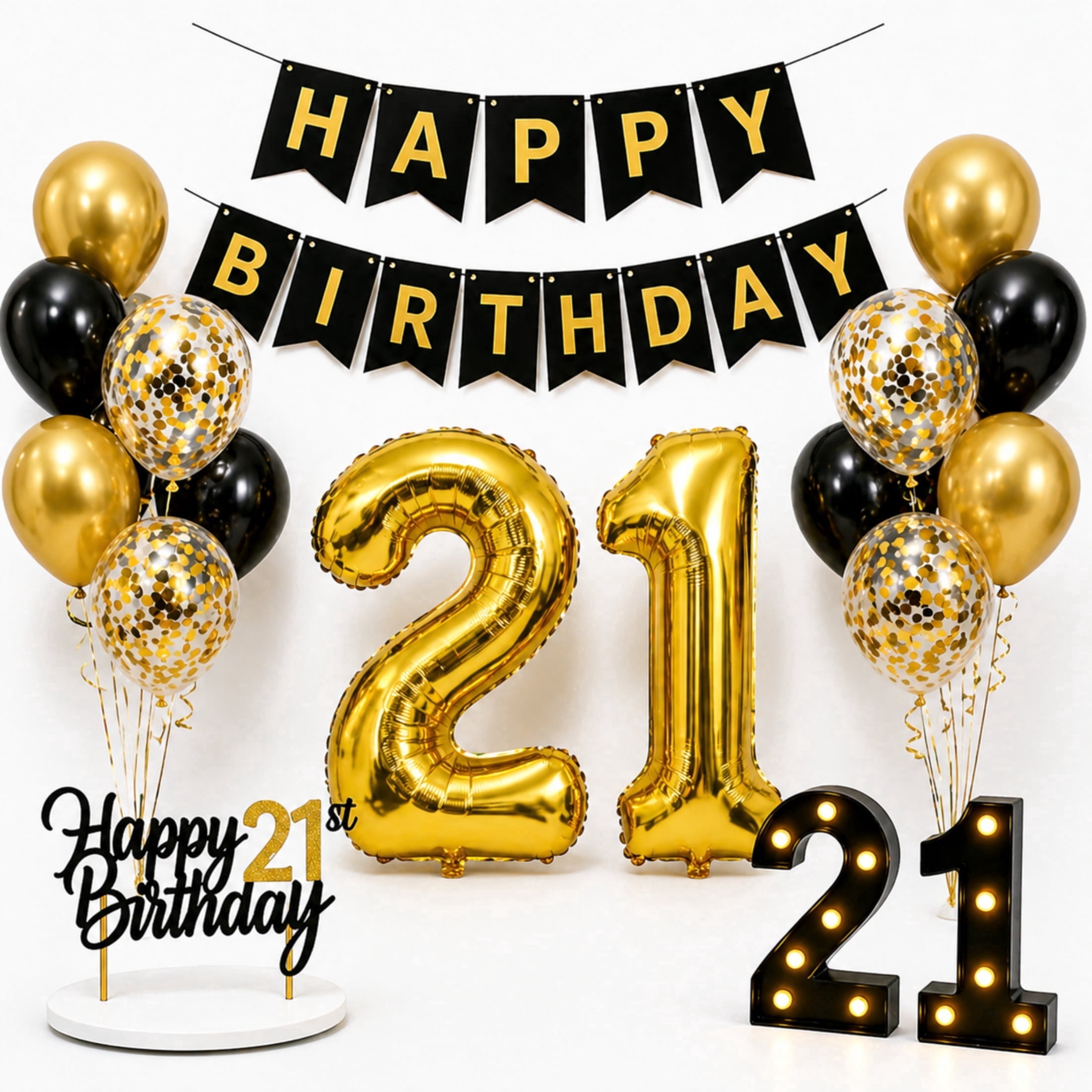 Happy Greetings 21st Birthday Party Decoration Kit, Black and Gold, with LED Light Up Marquee Numbers, Birthday Banner, Cake Topper, 16 Count