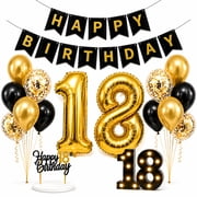 Happy Greetings 18th Birthday Party Decoration Kit, Black and Gold Party Supplies with LED Light Up Marquee Numbers, Banner, Cake Topper, 16 Count