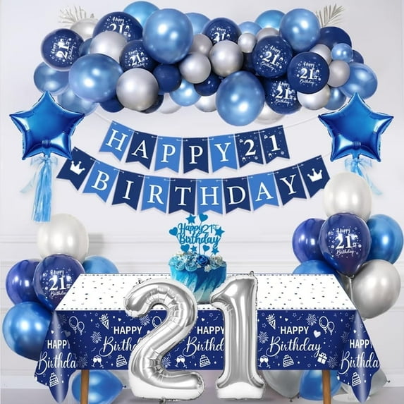 21st Birthday Decorations for Men Women, Navy Blue Silver 21st Balloons, Number 21 Foil Balloons with Birthday Banner, Blue and Silver Birthday Balloons Party Decorations for Him Age 21