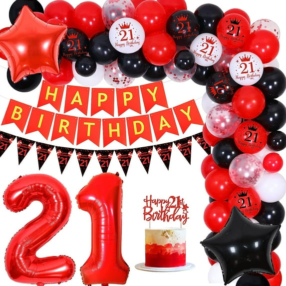 21st Birthday Decorations for Men Women Red White Black, Happy 21st Birthday Banner and Black Red White Balloon Arch Cake Topper Star 21 Balloon for Him Her 21 Years Birthday Party Supplies