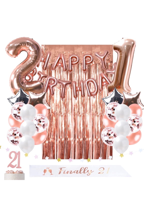 21st Birthday Decorations Rose Gold Party Supplies for her Gift Finally 21 sash Garland Happy Birthday Balloon foil Curtain Backdrop Props Cake Topper &Confetti Ballon 21st Bday