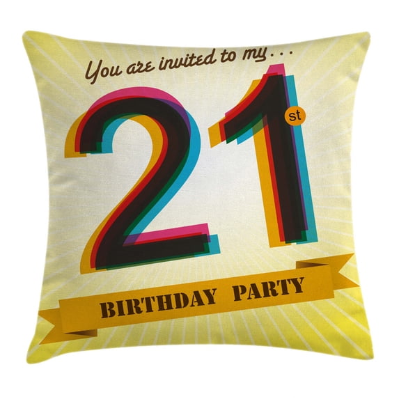 21st Birthday Decorations Throw Pillow Cushion Cover, Invitation to an Amazing Birthday Party on Golden Backdrop Image, Decorative Square Accent Pillow Case, 20 X 20 Inches, Multicolor, by Ambesonne