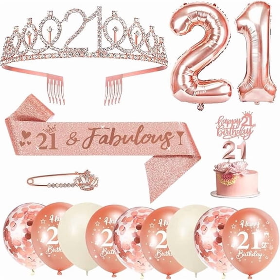 21st Birthday Decorations for Girls, Rose Gold Sash and Tiara Set with Cake Topper, Number 10 Candles, Balloons, Rhinestone Pin, 21st Birthday Gift