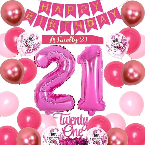21st Birthday Decorations for Her - Hot Pink Happy Banner, Balloons, Twenty One Cake Topper, Foil Balloon, Finally 21 Sash