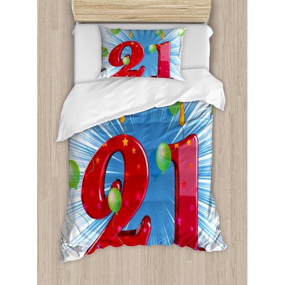 21st Birthday Duvet Cover Set, Blue and White Colored Abstract Backdrop with the Party Balloons, Decorative 2 Piece Bedding Set with 1 Pillow Shams, Twin Size, Pale Green and Red, by Ambesonne