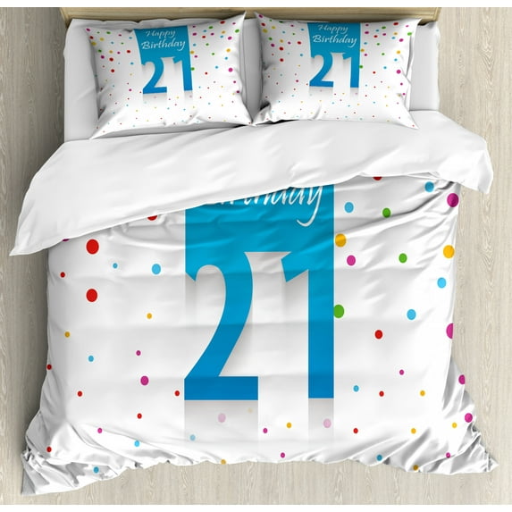 21st Birthday Duvet Cover Set Queen Size, Party Festive Themed Happy Birthday Celebration Quote on Colorful Background, Decorative 3 Piece Bedding Set with 2 Pillow Shams, Multicolor, by Ambesonne