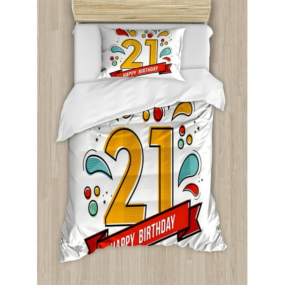 21st Birthday Duvet Cover Set Twin Size, Digital Print Age 21 with Sports Theme Design with Colorful Florals Print, Decorative 2 Piece Bedding Set with 1 Pillow Sham, Multicolor, by Ambesonne