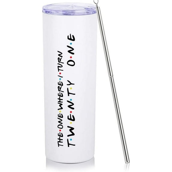 21st Birthday Gifts For Her 21st Birthday Decorations For Her 20 OZ White Skinny Wine Tumbler Turn 21 Travel Cup With Lid Straw Happy 21 Year Old Bday Presents For 2003 Born Women Girls Female