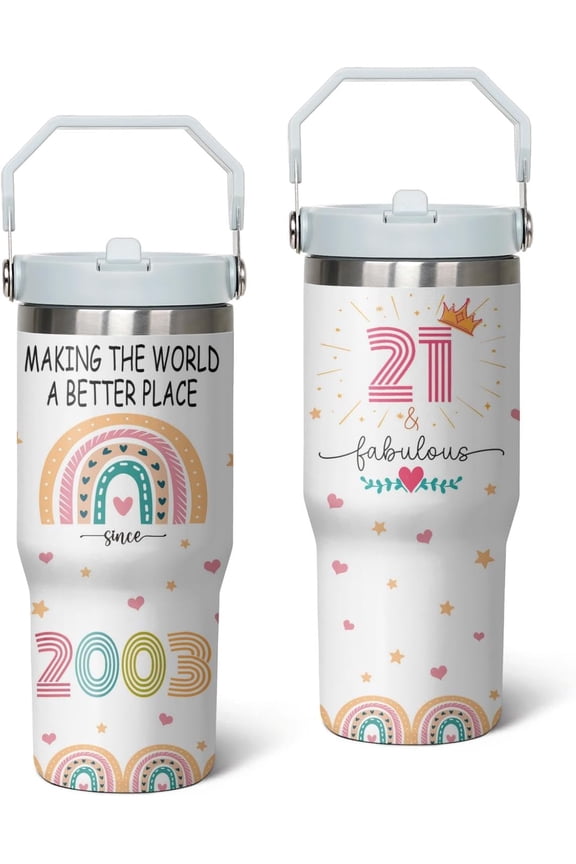 21st Birthday Gifts Cup, 30 Oz Stainless Steel Tumbler with Handle & Straw, 21 Year Old Birthday Gifts for Girls Coffee Mug, 21st Birthday Decorations for Girls, Happy 21st Birthday Gifts for Girls