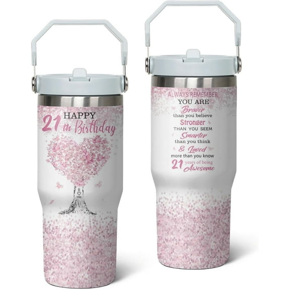 21st Birthday Gifts Cup, 30 Oz Stainless Steel Tumbler with Handle & Straw, 21 Year Old Birthday Gifts for Girls Coffee Mug, 21st Birthday Decorations for Girls, Happy 21st Birthday Gifts for Girls