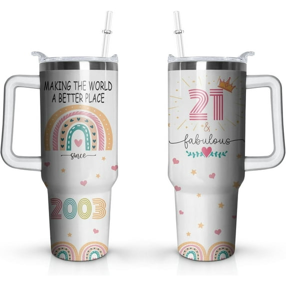 21st Birthday Gifts Cup, 40 Oz Stainless Steel Tumbler with Handle & Straw, 21 Year Old Birthday Gifts for Girls Coffee Mug, 21st Birthday Decorations for Girls, Happy 21st Birthday Gifts for Girls