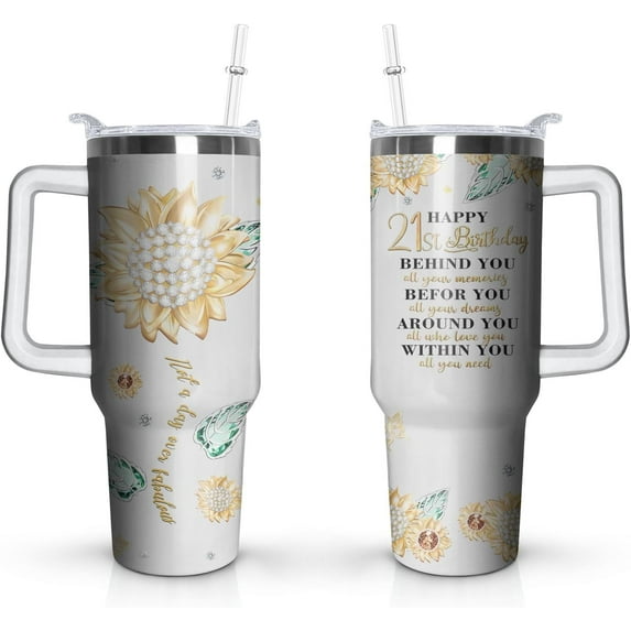 21st Birthday Gifts Cup, 40 Oz Stainless Steel Tumbler with Handle & Straw, 21 Years Old Birthday Gifts for Girls Coffee Mug, 21st Birthday Decorations for Girls, Happy 21st Birthday Gifts for Girls