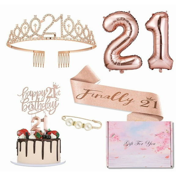 21st Birthday Gifts Decorations for Her, Including 21st Cake Toppers, Birthday Queen Sash with Pearl Pin, Sweet Rhinestone Tiara Crown, Number Candles and Balloons Set, Rose Gold