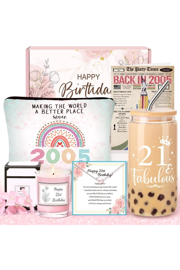 21st Birthday Gifts for Her - Unique Gift for 21 Year Old Woman, 5PCS Gift Box with 16oz Coffee Cup, Candle, Necklace, Makeup Bag & Card - Vintage 2005 Birthday Gifts for Women Y114