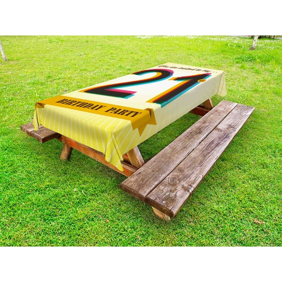 21st Birthday Outdoor Tablecloth, Invitation to an Amazing Birthday Party on a Golden Colored Backdrop Image, Decorative Washable Fabric Picnic Tablecloth, 58 X 104 Inches, Multicolor, by Ambesonne