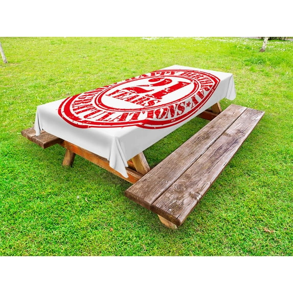 21st Birthday Outdoor Tablecloth, Logo Icon Vintage Style Happy Birthday Congratulations Party Image Print, Decorative Washable Fabric Picnic Tablecloth, 58 X 120 Inches, Red and White, by Ambesonne