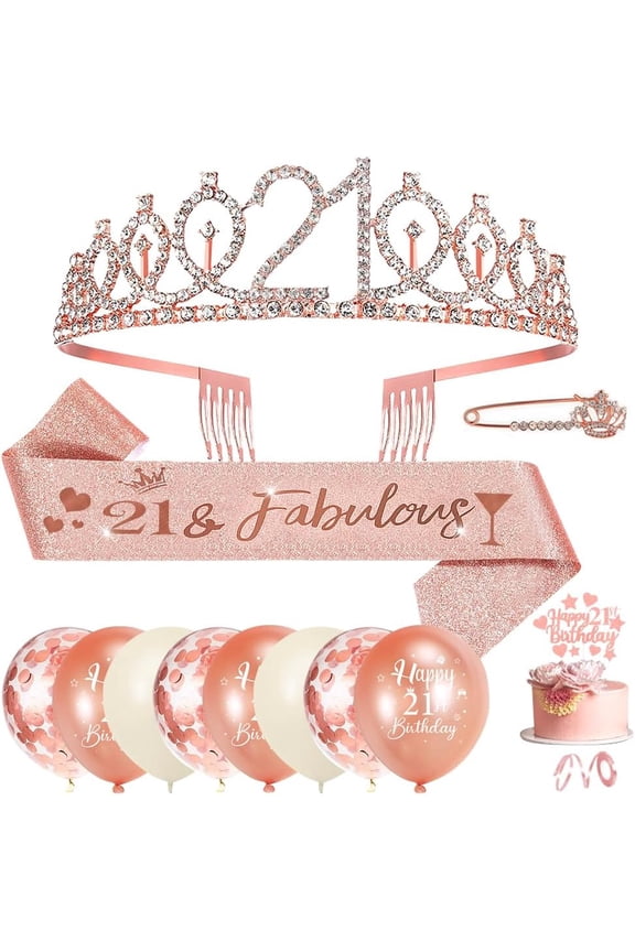 21st Birthday Sash and Tiara for Girls, Beige Rose Gold Birthday Decorations with Balloons, Cake Topper, Tiara Rhinestone Crown, Glitter Sash, 21st Birthday Gifts for Girl