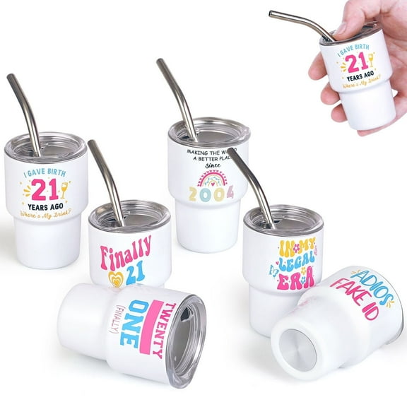 WETRBWEH 21st Birthday Stainless Steel Tumbler, 3oz Tumblers with Straw and Lid 6 Pcs Sublimation Shot Glasses for Birthday,  Party