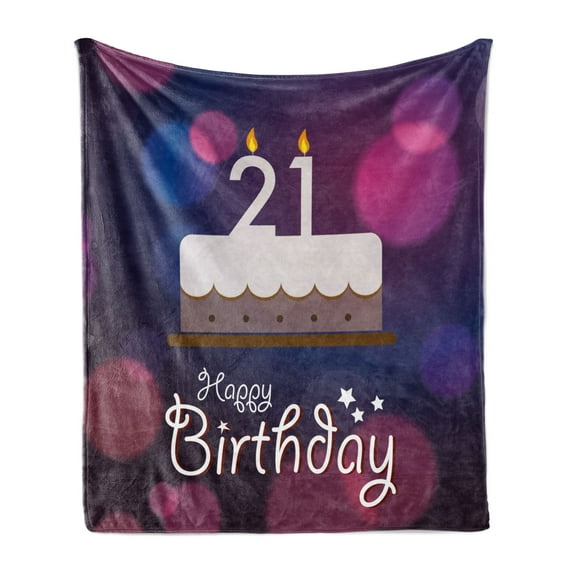 21st Birthday Soft Flannel Fleece Blanket, Happy Birthday Words with Stars on Abstract Tones of Pink Inspired Image, Cozy Plush for Indoor and Outdoor Use, 60" x 80", Eggplant Purple, by Ambesonne