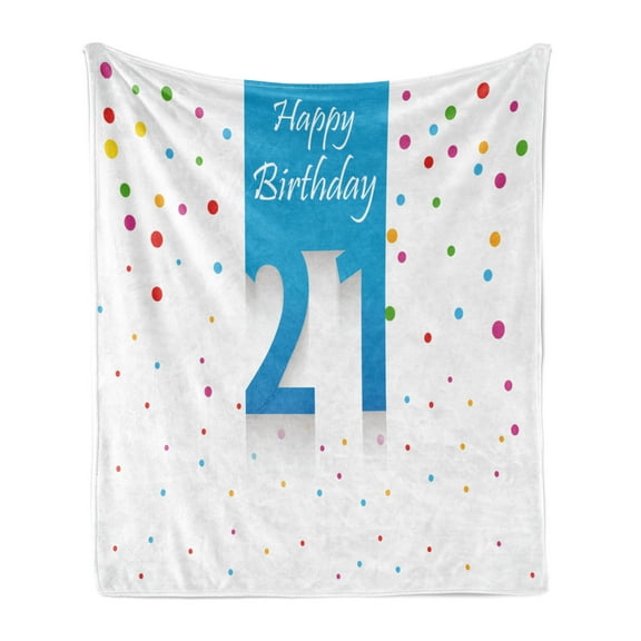 21st Birthday Soft Flannel Fleece Throw Blanket, Party Themed Happy Birthday Celebration Words on Colorful Background, Cozy Plush for Indoor and Outdoor Use, 50" x 70", Multicolor, by Ambesonne