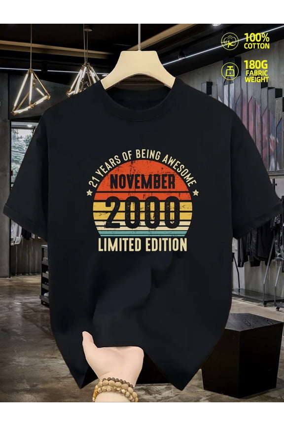 21st Birthday T-Shirt cotton tshirts print for men graphic tees black Spring and summer clothing Summer wear, retro style, comfortable fit, printed T-shirts, street-style couples' wear