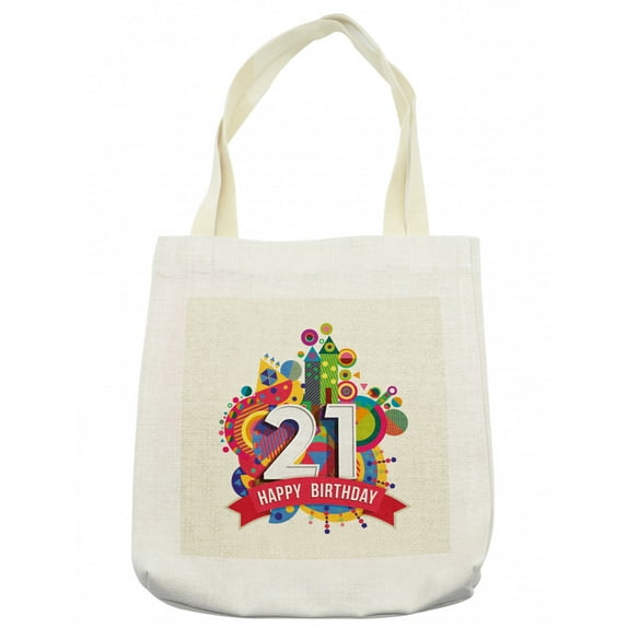21st Birthday Tote Bag, Colorful Design Happy Birthday Themed Image with Geometrical Castle Print, Cloth Linen Reusable Bag for Shopping Books Beach and More, 16.5" X 14", Cream, by Ambesonne