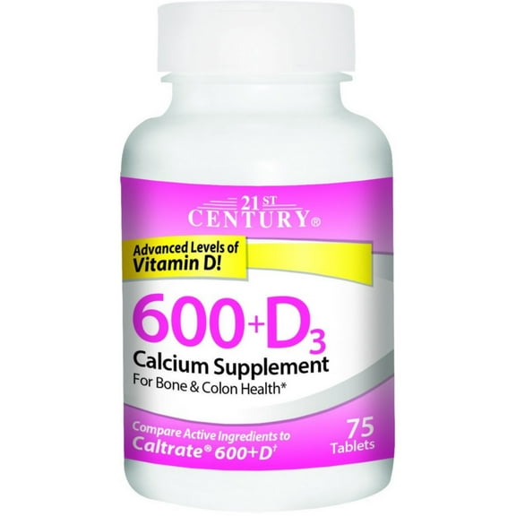 21st Century 600mg+D3 Calcium Supplement Tablets 75 Each - (Pack of 2)