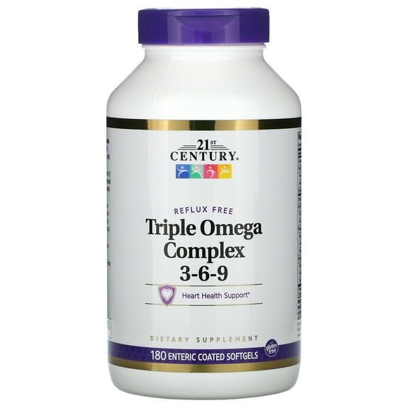 21st Century Enteric Coated Triple Omega Complex, Omega-3-6-9, Reflux-free, 180 Count