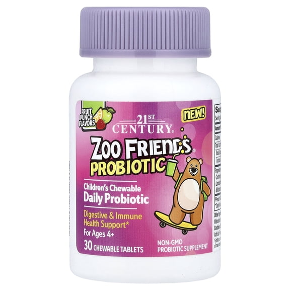 21st Century Zoo Friends, Children's Chewable Probiotic, Age 4+, Fruit Punch, 30 Chewable Tablets