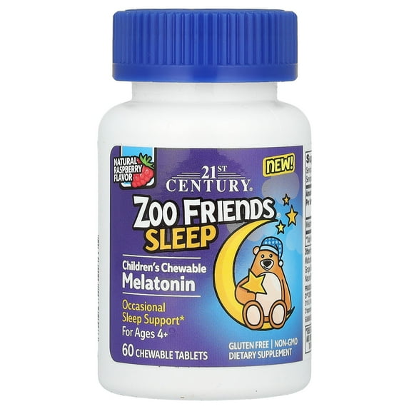 21st Century Zoo Friends Sleep, Children's Chewable Melatonin, Ages 4+, Raspberry, 60 Chewable Tablets