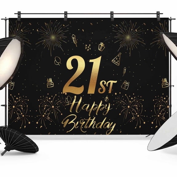 21st Happy Backdrop for Photography, Birthday Gold Cake Gift Black Photo Backdrop Portrait Background Party Banner Photo Backgrounds for Studio Booth Props, 12x8ft