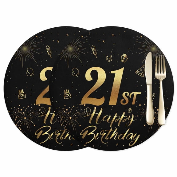 21st Happy Leather Placemats Set of 2, 15 Inch, Birthday Gold Cake Gift Black Waterproof Oil-Proof Place Mats, Non-Slip Table Mats for Kitchen, Dining Room, Indoor Outdoor